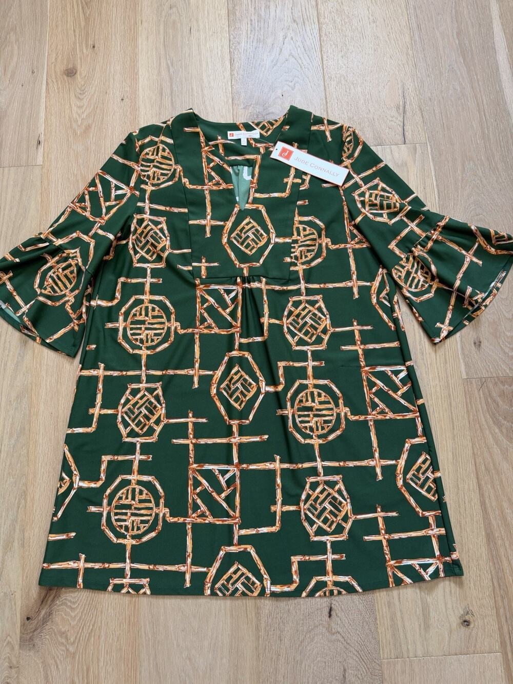 NWT JUDE CONNALLY Bamboo Lattice Jungle Green Print Size L Made In USA $208 MSRP